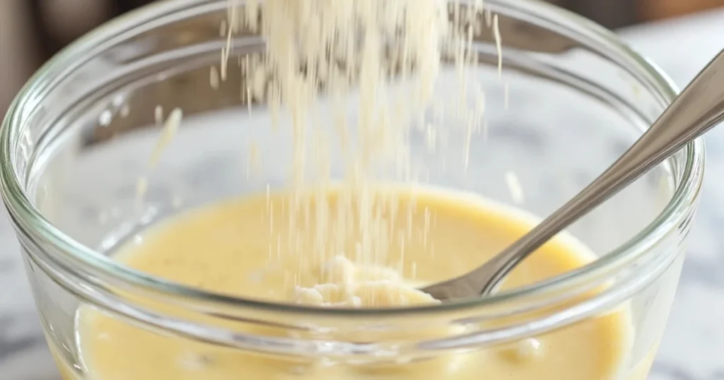 Corn flour and cornmeal blend being poured into sweet corn cake batter