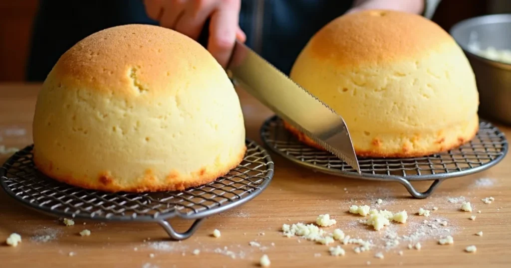 Cooling hemisphere cakes on racks and trimming domes level for perfect sphere.