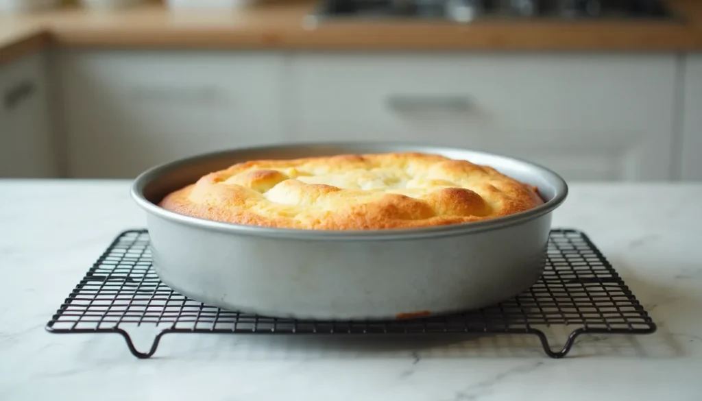 Freshly baked cloud cake cooling in its pan on a wire rack