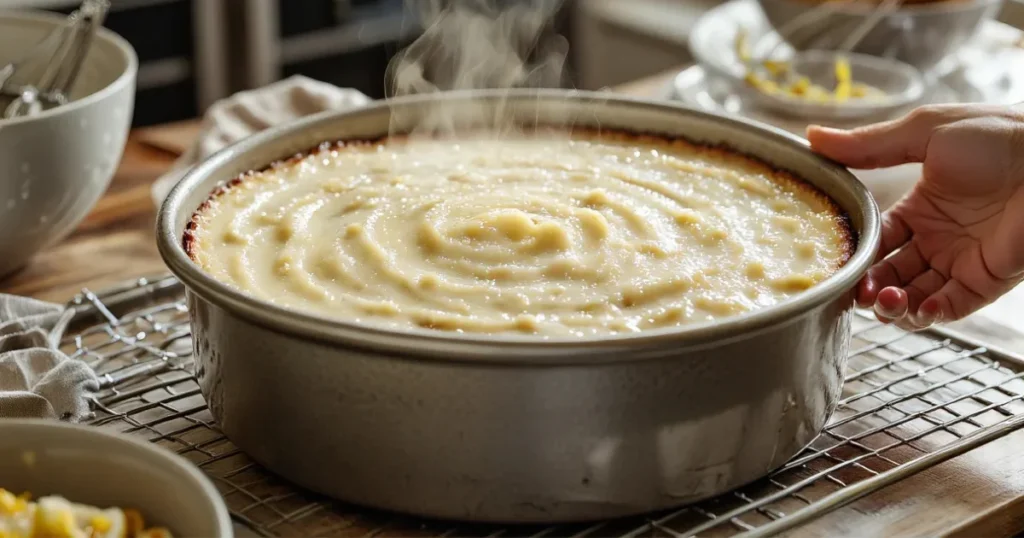 Cloud cake cooling inside oven with door slightly open