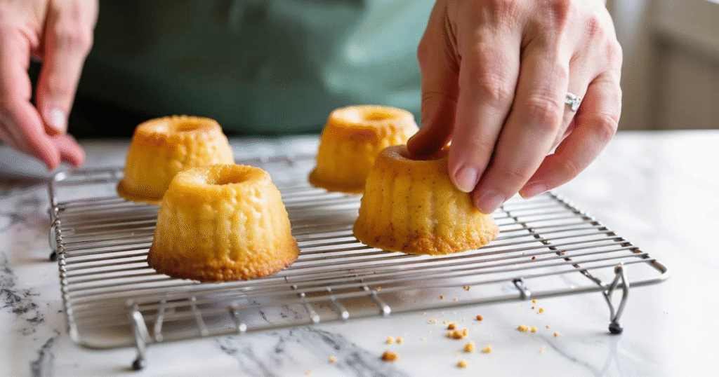 cooling mini bundt cakes on wire rack after baking