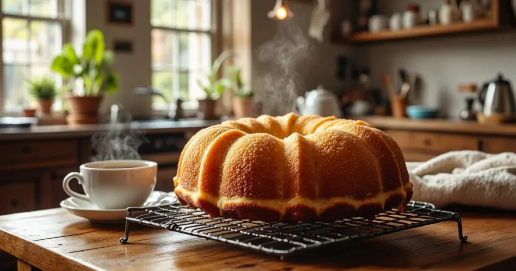 Freshly baked cream cheese pound cake cooling in pan on wire rack