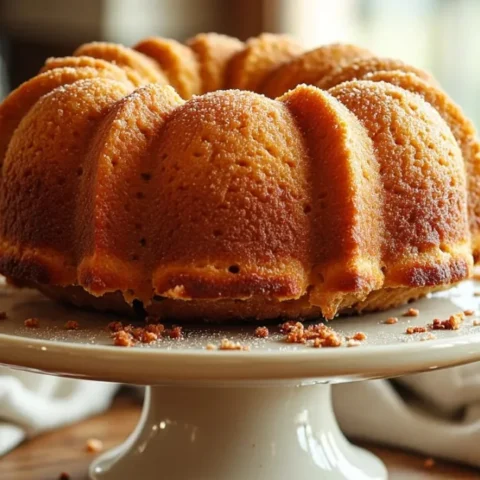 Golden brown cream cheese pound cake on a cake stand with crumbs