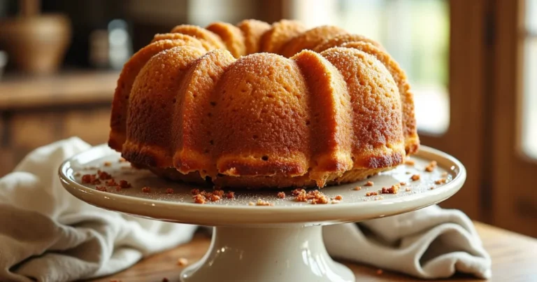 Golden brown cream cheese pound cake on a cake stand with crumbs