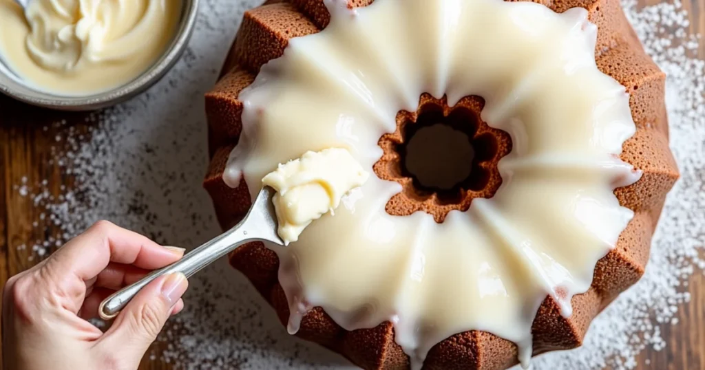 Overhead shot of cream-cheese frosting being spread over a mahogany-brown applesauce cake with an offset spatula, swirl texture, frosting bowl nearby, powdered sugar dust.