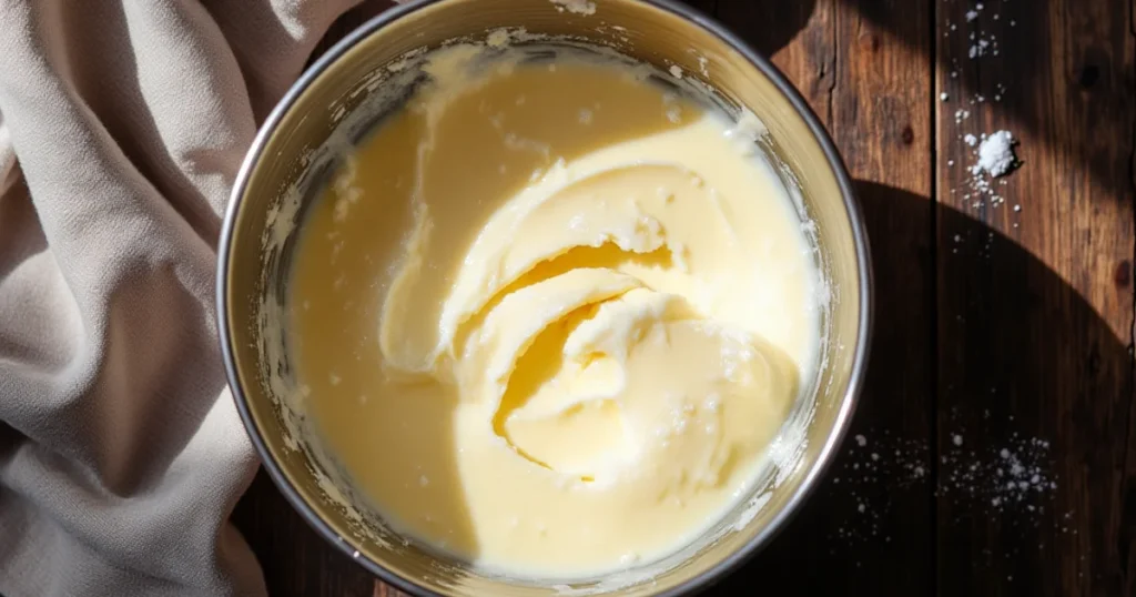 Overhead shot of a mixing bowl with perfectly creamed butter and sugars showing paddle marks, on a dark wooden countertop with stray sugar crystals and a tea towel.