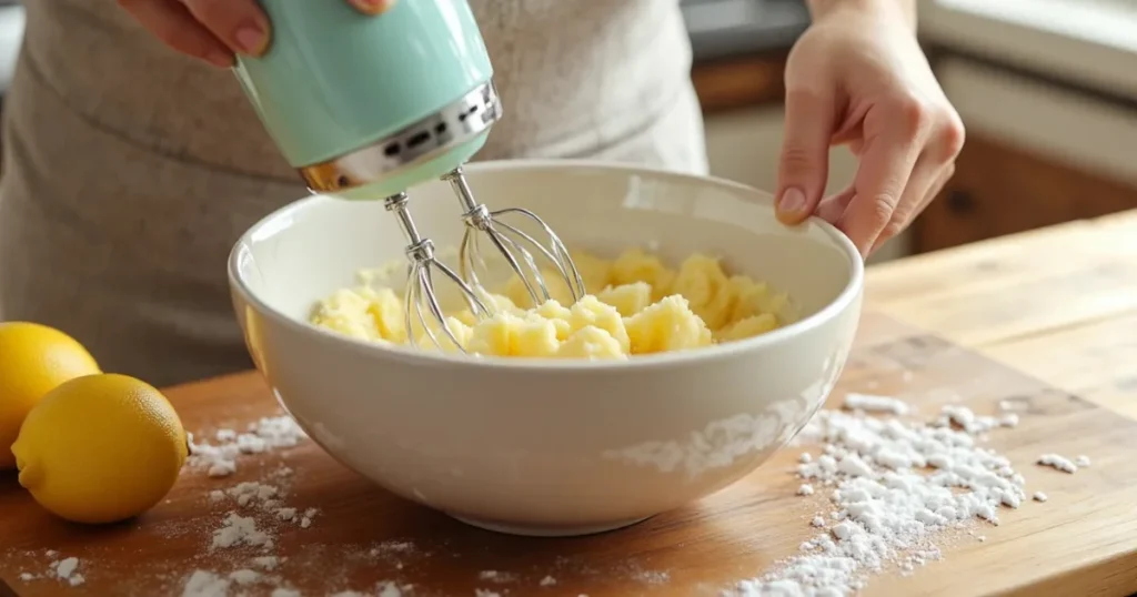 Beating butter and sugar until fluffy for classic 7 Up pound cake batter