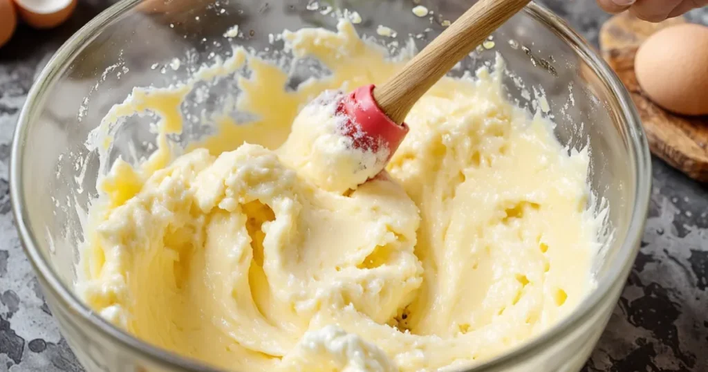 Creamed butter and sugar in glass bowl with spatula for pound cake recipe