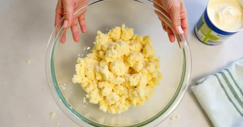 Hands mixing crumbled cake with canned frosting in a glass bowl