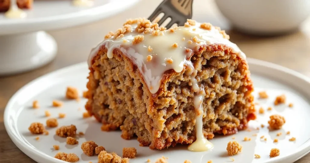 Close-up of carrot Bundt cake slice with cream cheese glaze showing moist crumb