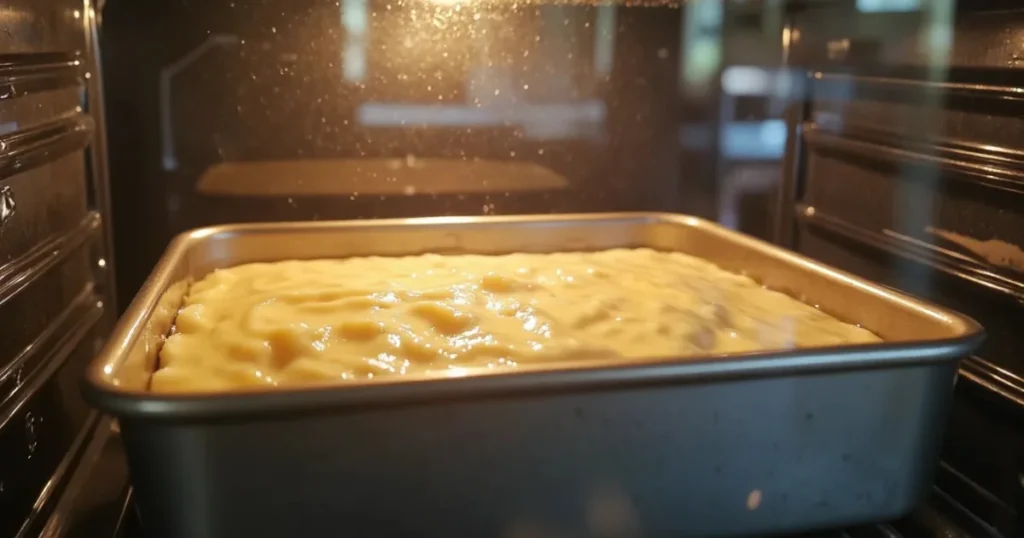 Chocolate Dr Pepper cake batter baking in oven