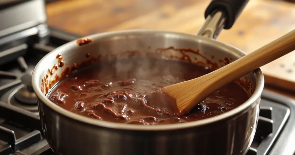 Stirring chocolate fudge frosting for Dr Pepper cake in saucepan