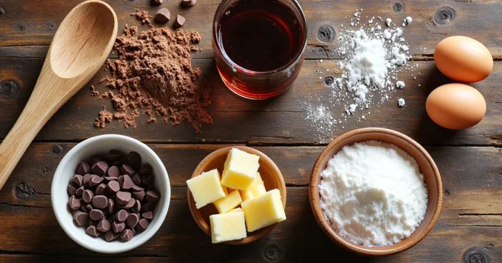Ingredients for Dr Pepper chocolate cake including cocoa, chocolate chips, eggs, Dr Pepper soda, butter, flour