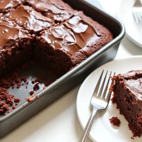 Dr Pepper chocolate sheet cake sliced in pan with two plated servings and forks