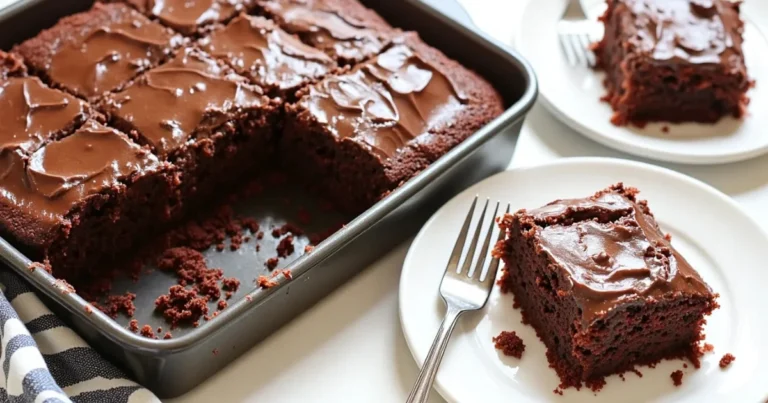 Dr Pepper chocolate sheet cake sliced in pan with two plated servings and forks