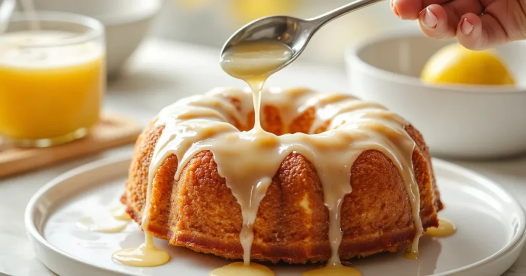 Spoon drizzling lemon glaze over warm 7 Up pound cake for shiny finish