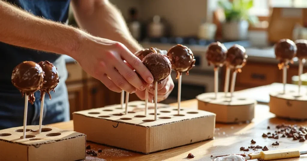 Homemade cake pops drying upright on a wooden holder