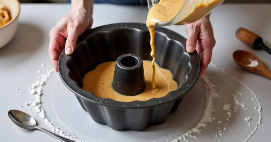 Pouring 7 Up cake batter into greased bundt pan before baking