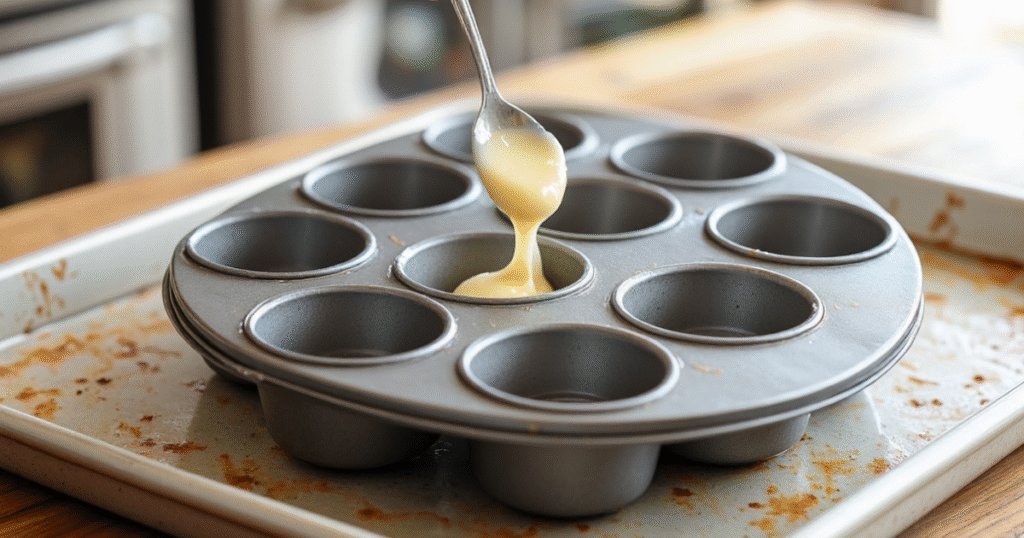 pouring bundt cake batter into mini bundt pan cavities