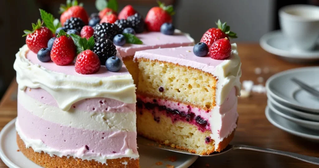 Finished Berry Chantilly Cake sliced to show pink berry frosting layers