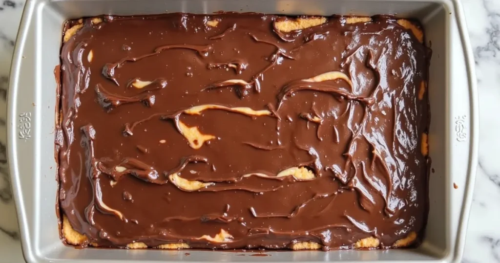 Homemade peanut butter tandy cake with chocolate topping setting in the baking pan