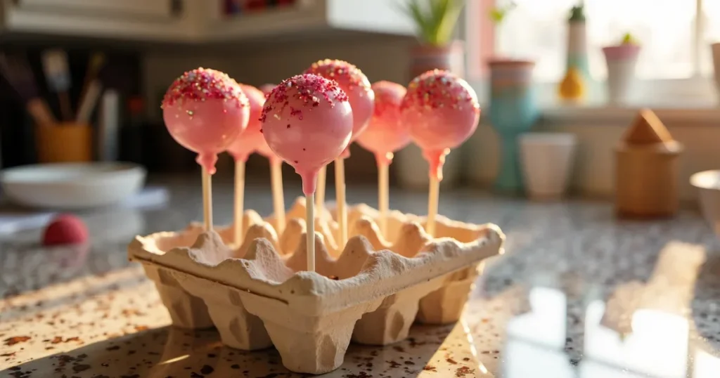 Decorated Starbucks birthday cake pops standing upright in homemade stand
