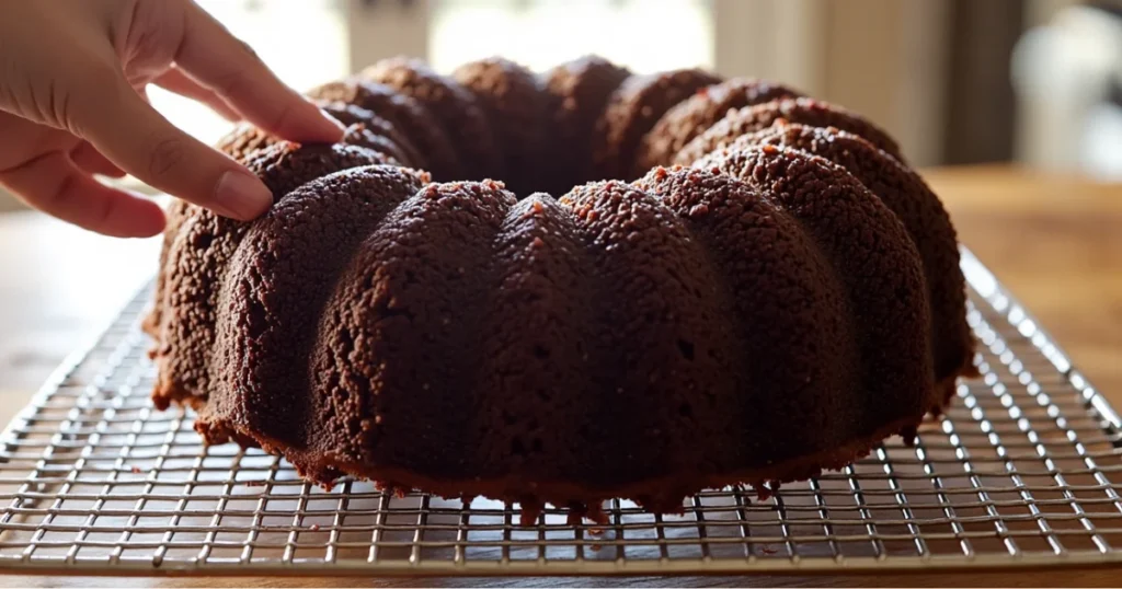 Rich dark-brown applesauce bundt cake on a wire rack, slightly crackled crust, crumbs on rack, steam rising, child’s hand reaching in, window backlighting.