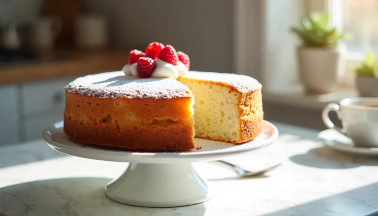 Fluffy yogurt cloud cake on a white cake stand, dusted with powdered sugar and topped with whipped cream and fresh raspberries in a bright kitchen