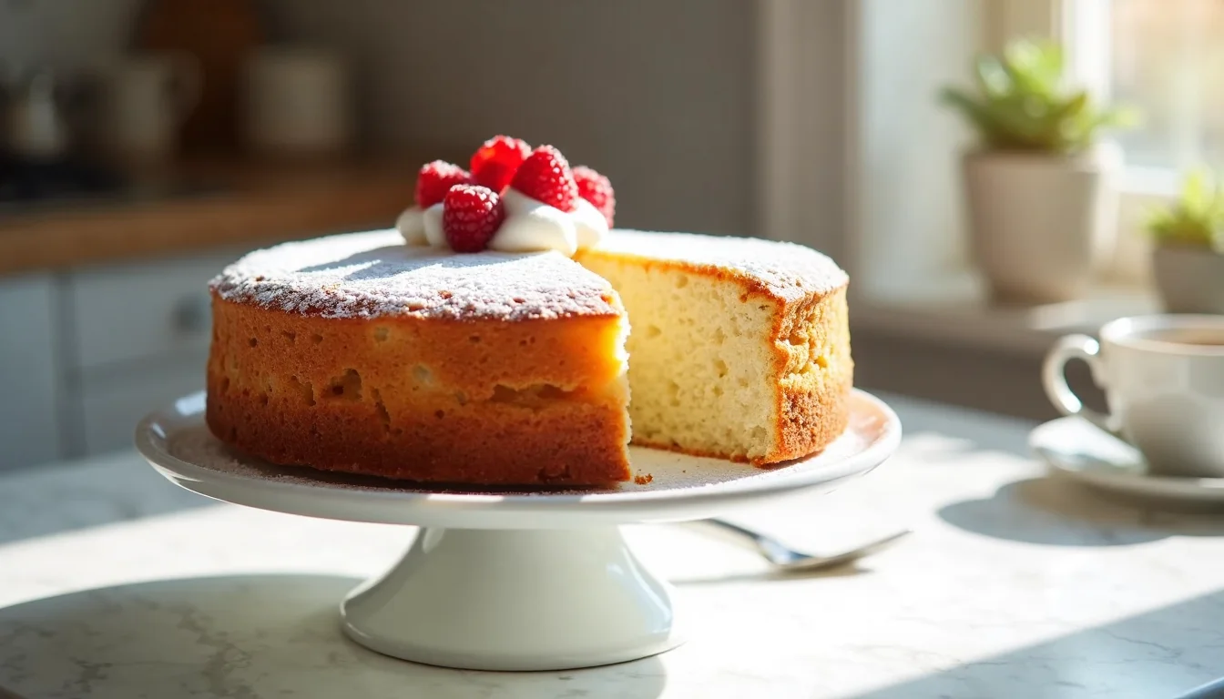 Fluffy yogurt cloud cake on a white cake stand, dusted with powdered sugar and topped with whipped cream and fresh raspberries in a bright kitchen