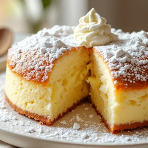Fluffy yogurt cloud cake dusted with powdered sugar, topped with whipped cream, sliced to show soft and airy texture