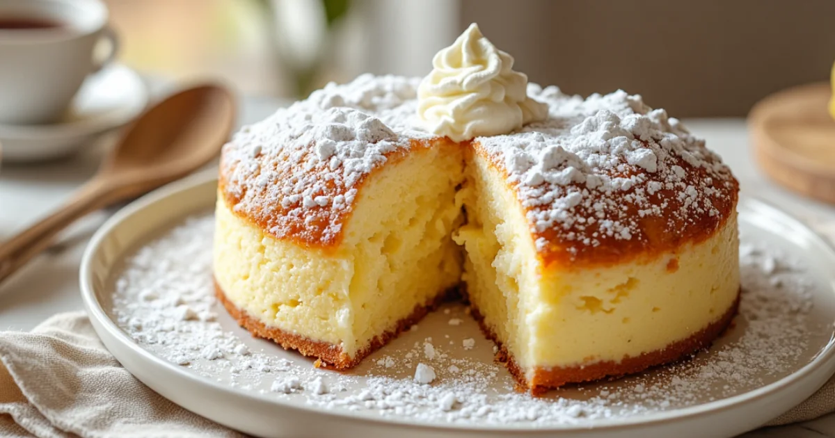 Fluffy yogurt cloud cake dusted with powdered sugar, topped with whipped cream, sliced to show soft and airy texture