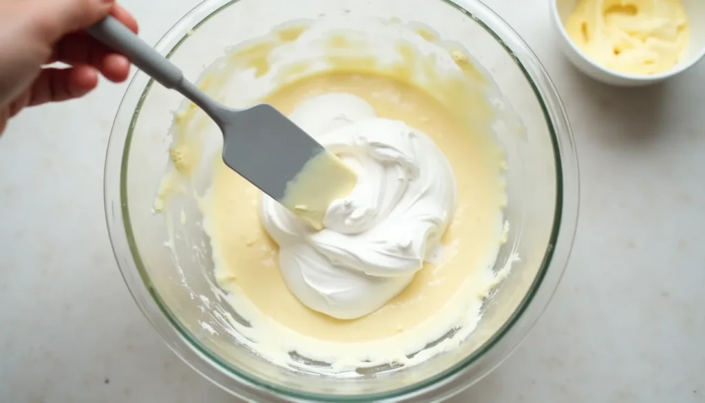 Gently folding fluffy egg whites into yogurt cloud cake batter with spatula