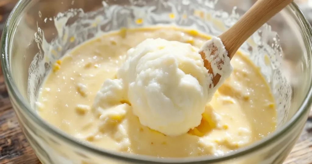 Folding whipped egg whites into lemon-yogurt batter for cloud cake