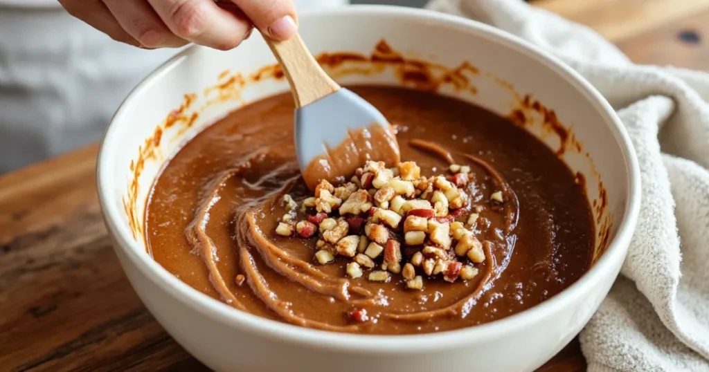 Folding chopped walnuts into the date cake batter for a nutty texture