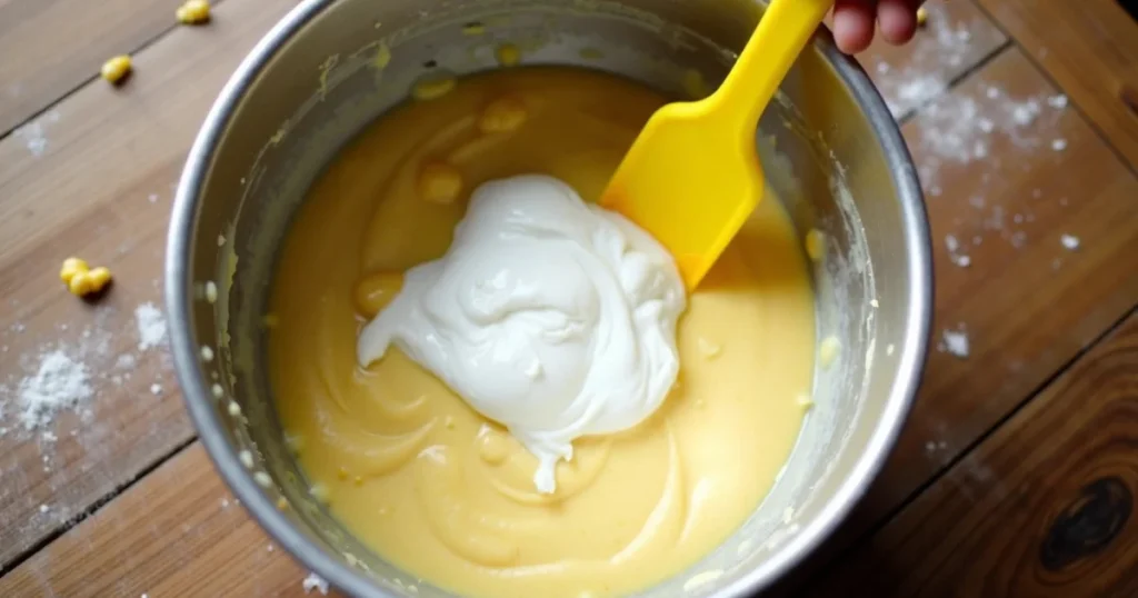 Gently folding stiff egg whites into corn cake batter for fluffy texture