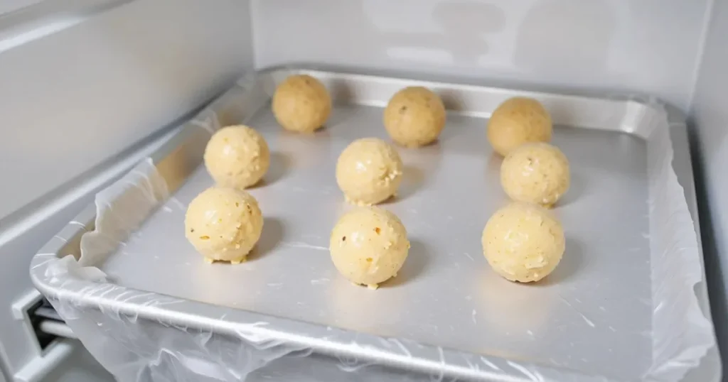 Chilling cake pop balls in freezer to prepare for chocolate dipping like Starbucks