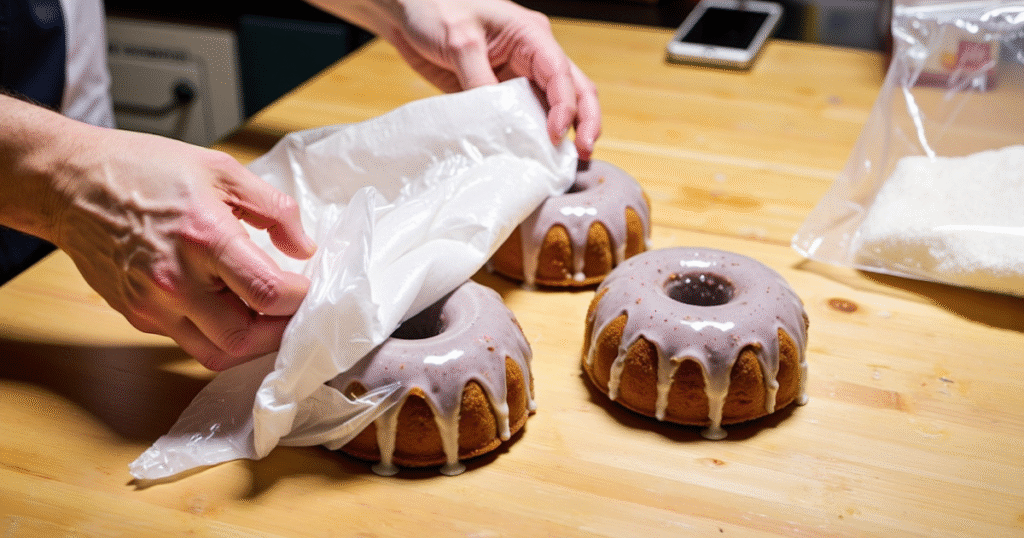wrapping mini bundt cakes in plastic wrap for freezing