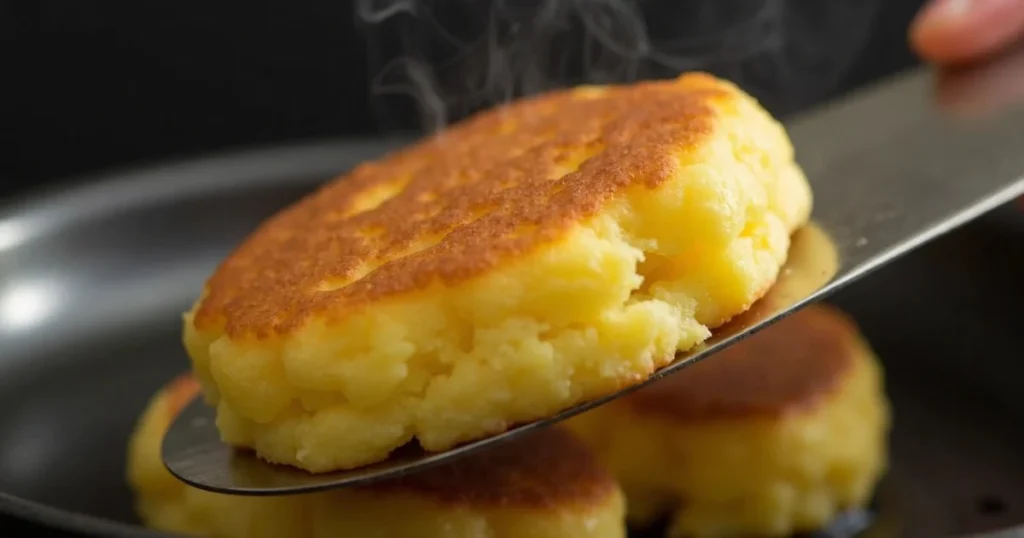 Close-up of perfectly golden corn cake on spatula, steam rising
