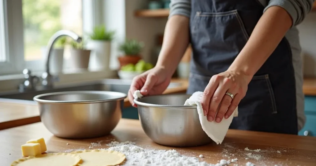 Greasing two stainless sphere cake pans with butter and flour before filling.