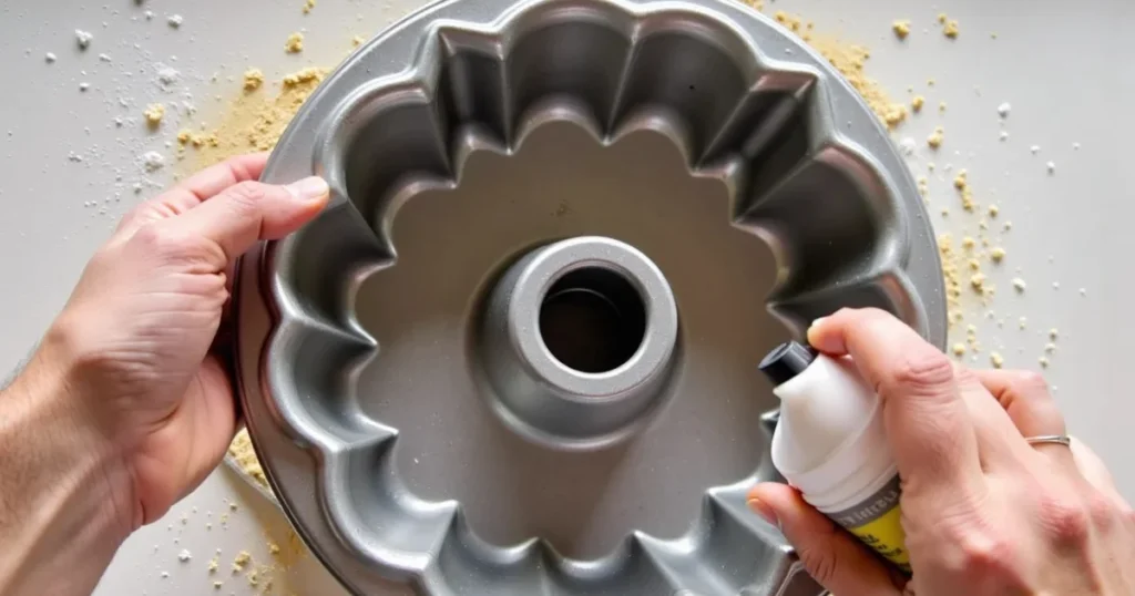 Greasing a Bundt pan for homemade moist carrot Bundt cake