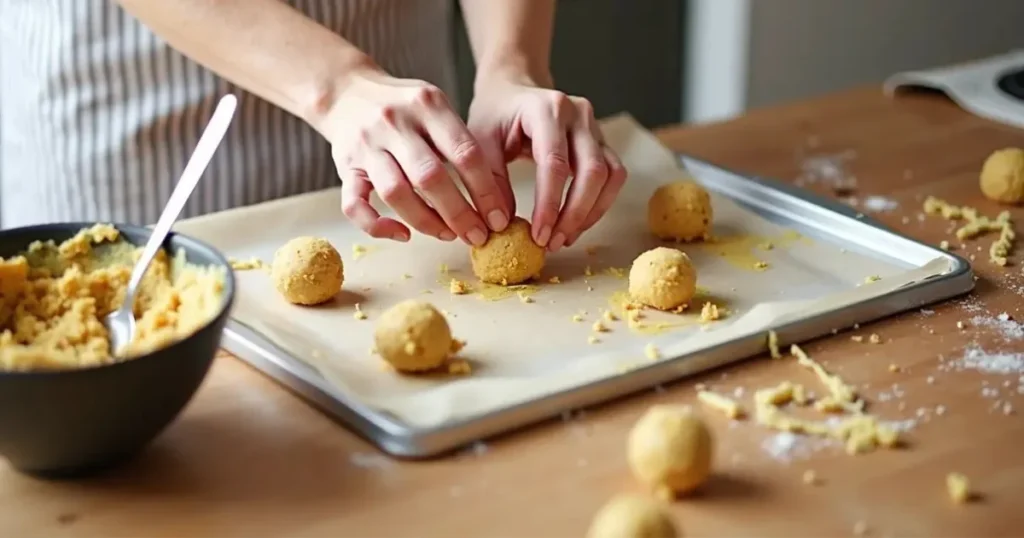 Rolling leftover cake scraps with frosting into 1-inch cake balls on sheet tray.