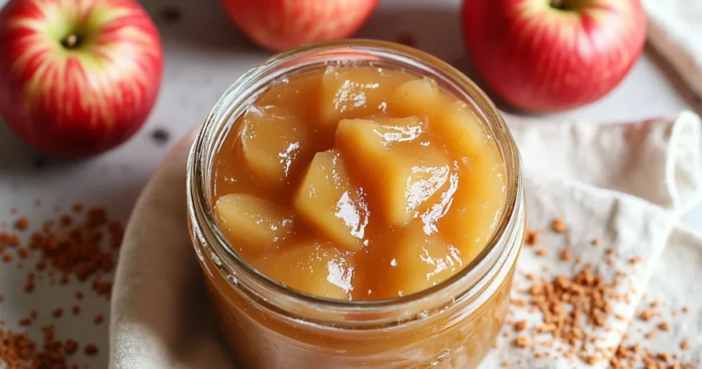 Overhead view of a mason jar of homemade applesauce, butter-stained recipe card, and whole apples on a linen cloth with spice dust on a table