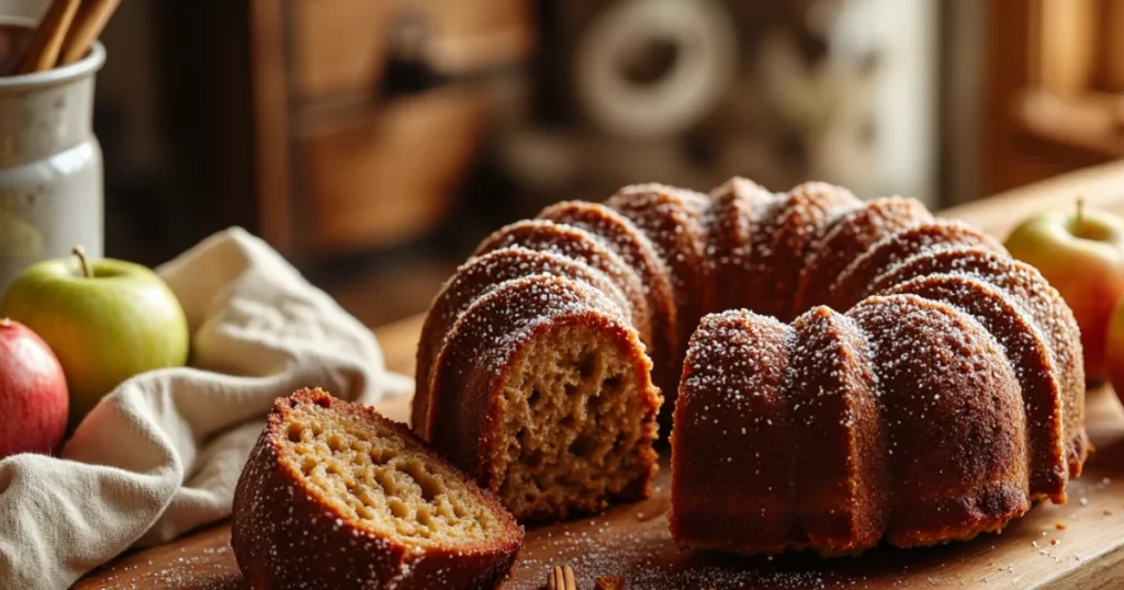 Wide banner of a dark-brown Amish applesauce bundt cake on a wooden board in a sunlit home kitchen, with a slice removed and cinnamon sticks and apples nearby