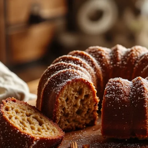 Wide banner of a dark-brown Amish applesauce bundt cake on a wooden board in a sunlit home kitchen, with a slice removed and cinnamon sticks and apples nearby