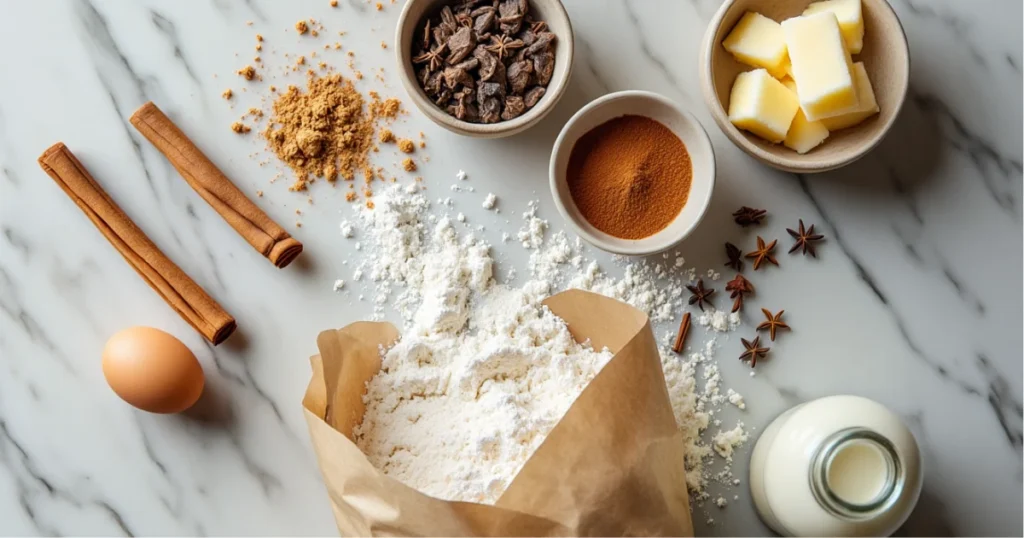 Flat-lay on dark wooden table of spilled flour from a paper bag, pottery bowls of cinnamon, nutmeg, cloves, stick of butter on parchment, cracked eggshells, glass milk bottle, and smudged recipe card.