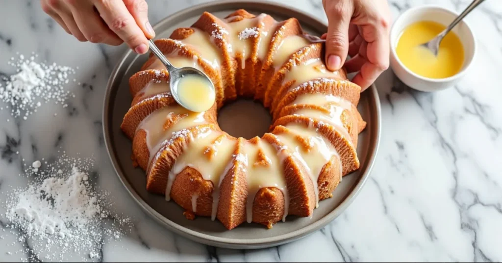 Lemon glaze being drizzled on golden brown cream cheese pound cake