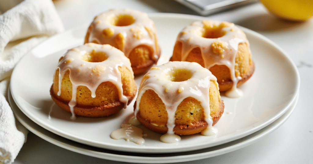 lemon mini bundt cakes topped with white glaze and lemon zest
