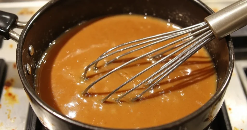 Cooking brown sugar and cream to make sticky toffee sauce for the cake