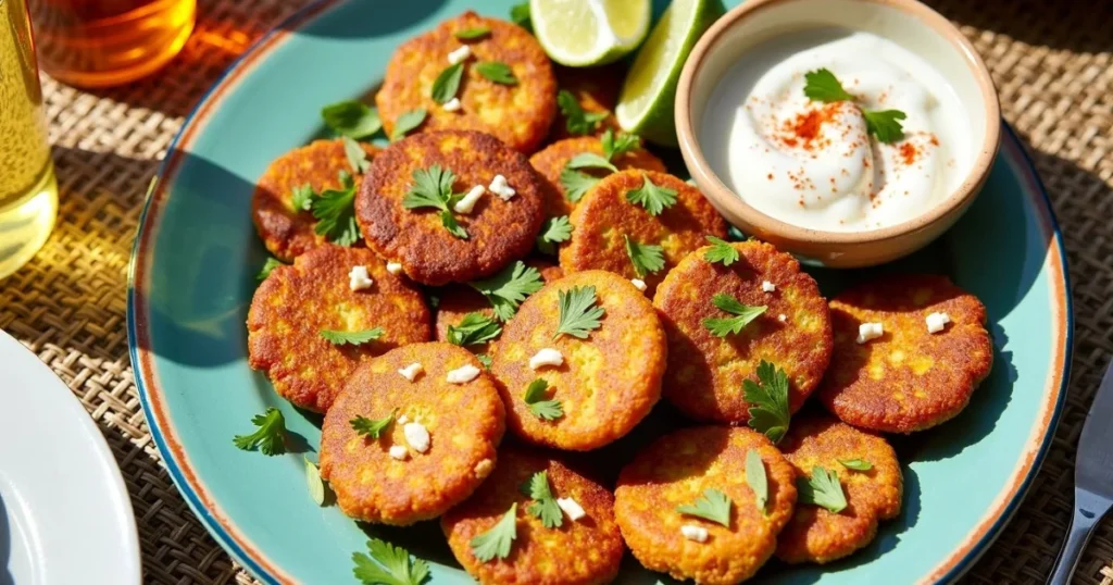 Plate of small Mexican sweet corn cake fritters served with lime and crema