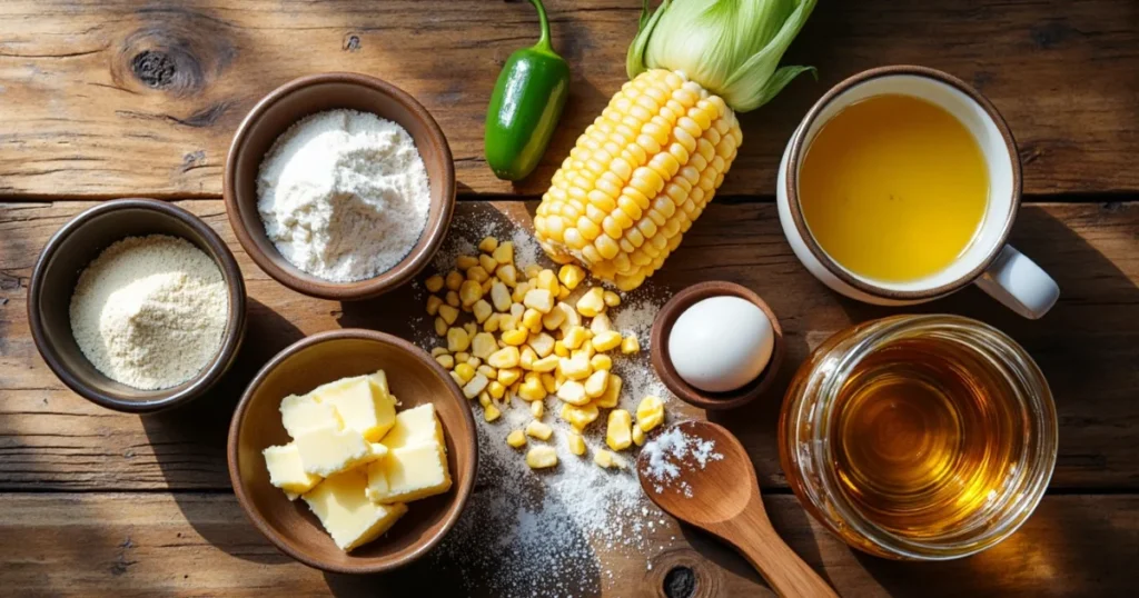 Overhead view of ingredients for Mexican sweet corn cake: corn kernels, masa harina, butter, honey, eggs